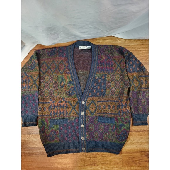 Vtg Multicolor Pattern Wool Knit Cardigan Sweater Brian MacNeil Men's 2X Grandpa